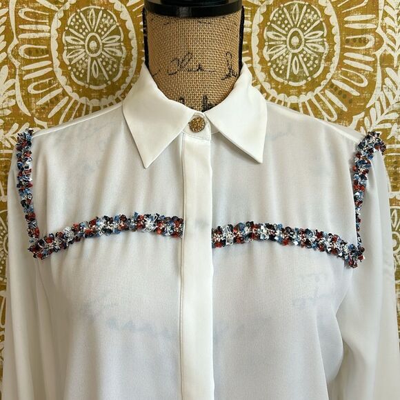 Zara Combination Textured Tweed Trim Chiffon Button Down Shirt in White size S - Picture 9 of 16